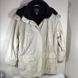 Women’s Outbrook Sz L, khaki/black faux fur lined coat. Hooded zipper, cell pkt.